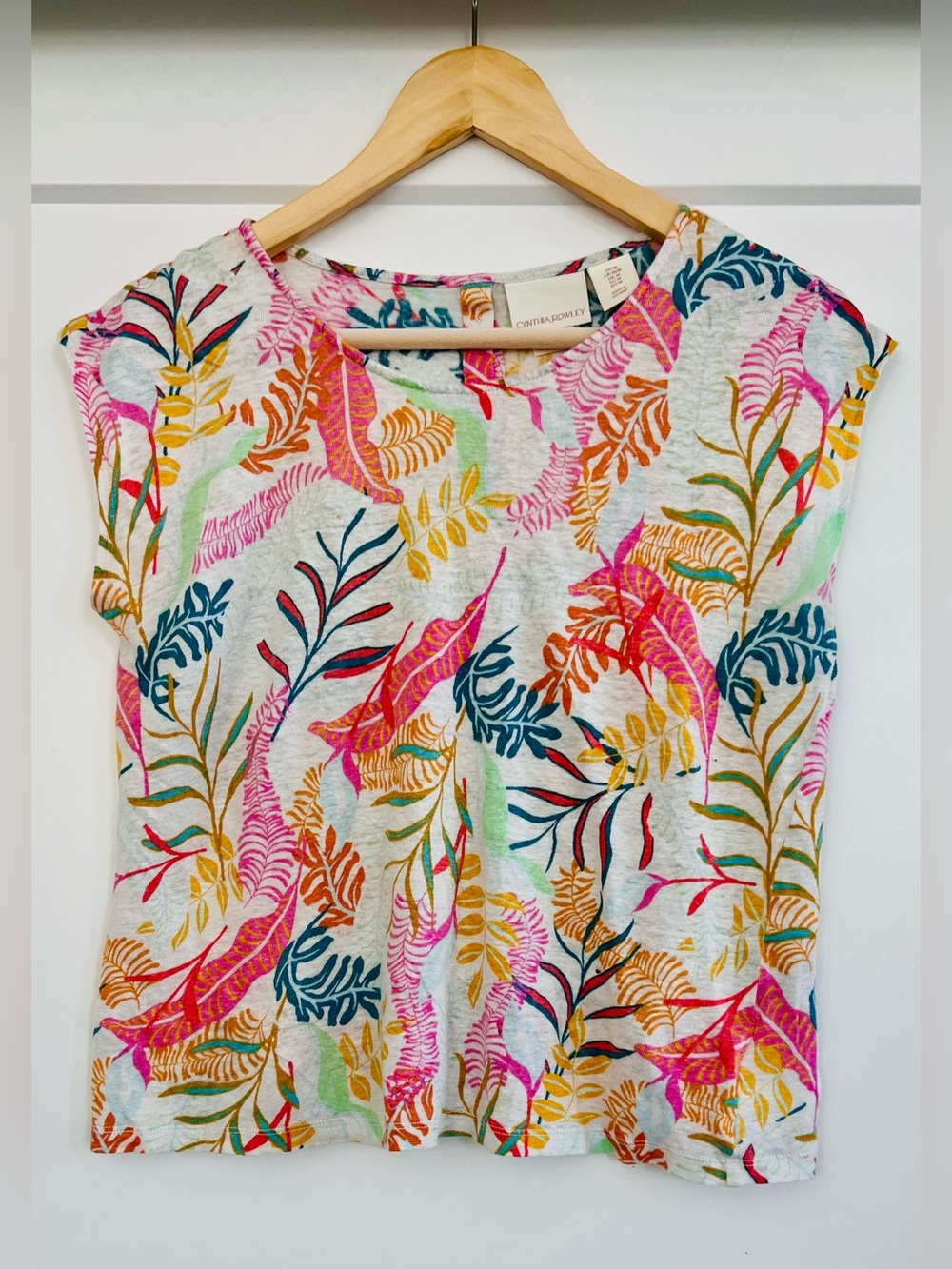 Cynthia Rowley 100% Linen Tropical Leaf Print Top Medium Resort Boho